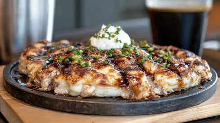 Savory Stacked Dish on Dark Tray, Restaurant Background