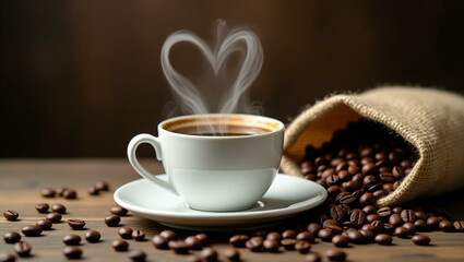 Cup of coffee with heart shape smoke and coffee beans on burlap sack on old wooden background
