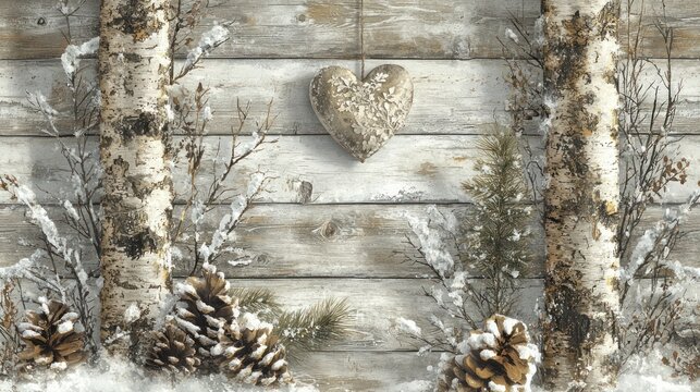 Rustic wood backdrop with snow, birch, pine cones, & hanging heart ornament