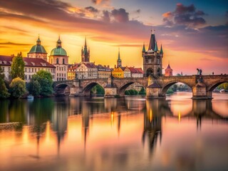 Fototapeta premium Minimalist Prague: Charles Bridge View, Scenic Cityscape, Iconic Architecture