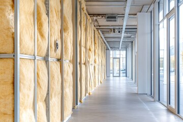 Construction workers installing mineral wool insulation between metal studs