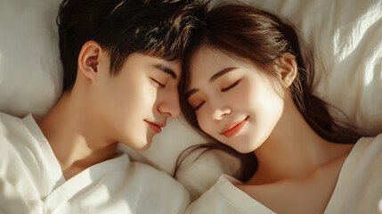 Serene Connection: Cozy Close-Up of Asian Couple in Matching Pajamas Sharing Intimate Moment