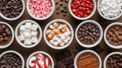 Delicious hot chocolate recipes and toppings flat lay for cozy winter moments