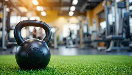 A black kettlebell rests on a grassy gym floor, while blurred fitness equipment and individuals working out create an energetic atmosphere in the background