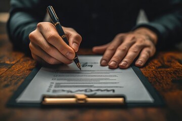 A person carefully signs a legal document with a pen on a clipboard, signifying agreement or completion.