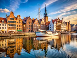 Obraz premium Minimalist Sailboat on Gdansk Motlawa River, Old Town Skyline