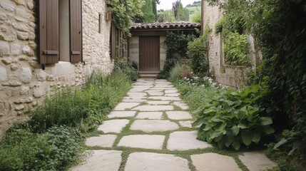 Obraz premium Stone walkway through a rustic courtyard garden