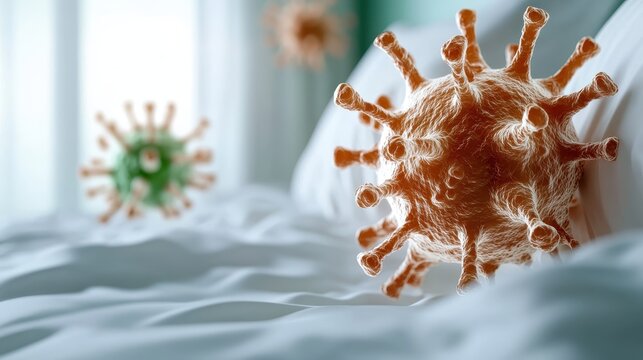 An illustration of virus cells appears prominently against a soft bed setting, highlighting the importance of cleanliness and health in personal spaces effectively.