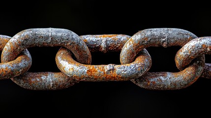 Fototapeta premium Rusty chain on black background. Metal links are interlocked and slightly angled
