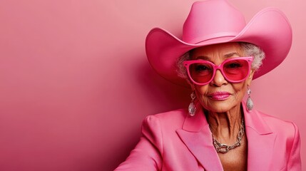 A striking portrait of a fashionable older woman, wearing oversized pink sunglasses and a hat, conveying confidence and elegance against a matching pink background.