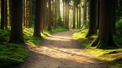 Obraz premium Sunlit Path Winding Through a Lush Green Forest