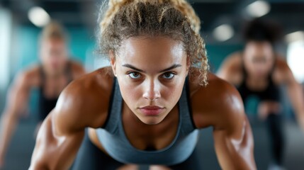 A dynamic portrayal of a group of focused female athletes engaged in a challenging workout, reflecting strength, teamwork, and commitment to fitness and personal growth.