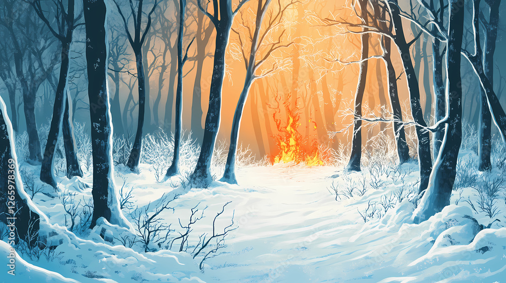 Poster Snowy forest landscape with bare trees frozen in ice, forest, icy, tree. Burning Ice Cathedrals. Illustration