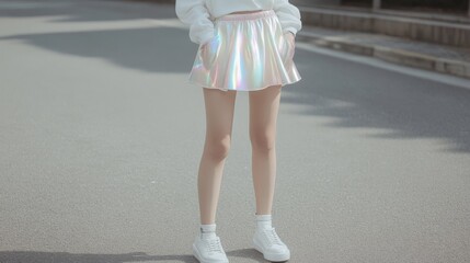 Woman wearing iridescent skirt on city street