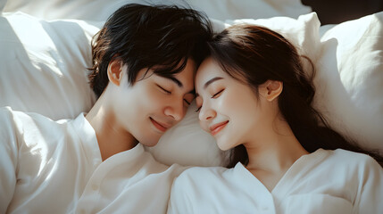 Serene Connection: Cozy Close-Up of Asian Couple in Matching Pajamas Sharing Intimate Moment
