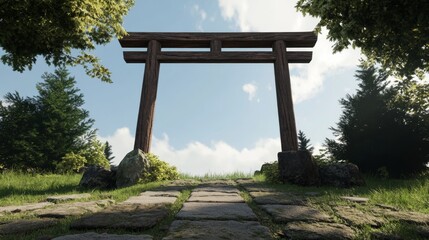 Wooden Torii Gate in a Mountain Meadow