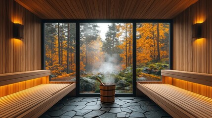 Sauna with nature view. Relaxing in a cabin spa in the forest with fall colors