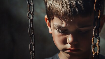 Pensive Young Boy With Downcast Eyes, Symbolizing Introspection, Vulnerability, And The Weight Of Childhood Concerns.