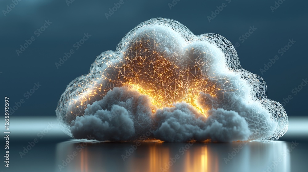 Poster the image illustrates cloud and edge computing intertwined with cybersecurity, featuring a large clo