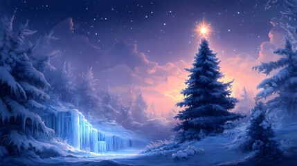 Fototapeta premium Tall fir tree with shining star in a forest of snow and ice, frozen waterfalls, frosty landscape, serene atmosphere, bare branches, shining star. Burning Ice Cathedrals. Illustration