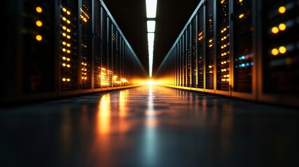 A room filled with modern high-tech internet data center equipment, including server and network hardware racks, is illustrated in an abstract manner