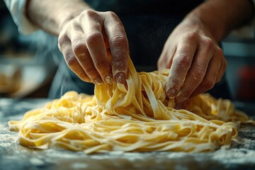 Chef's hands delicately crafting fresh, golden pasta, dusted with flour.