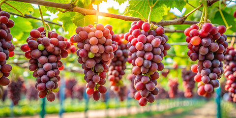 Fototapeta premium Clusters of ripe red grapes dangle from lush green vines in a vibrant vineyard. Sunlight filters through the leaves, creating a warm glow amidst the fruit