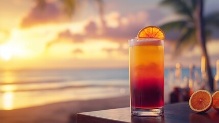 A Tequila Sunrise cocktail with bright layers of color, garnished with an orange slice, served in a tall glass by the ocean at sunset.