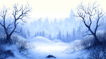 Winter landscape, snow-covered hills, bare trees, serene background, ideal for winter-themed designs. Burning Ice Cathedrals. Illustration