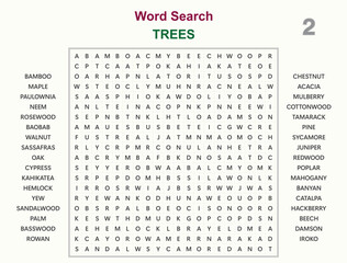 Word search puzzle vector (Word find game) illustration. Trees 