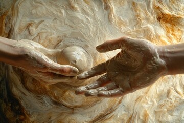 Two hands shaping wet clay on a potter's wheel, creating a beautiful swirl pattern.