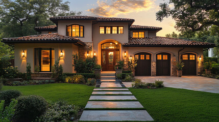 Front view of a mediterranean house with garden.