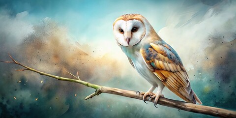 Minimalist Watercolor Barn Owl on Branch: Serene Bird Artwork