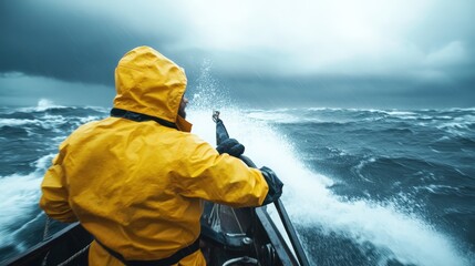 A determined fisherman navigates turbulent ocean waters, showcasing bravery and resilience against the elements in a dramatic and intense maritime scene.