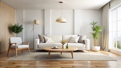 Minimalist White Living Room Interior Design with Sofa & Round Coffee Table