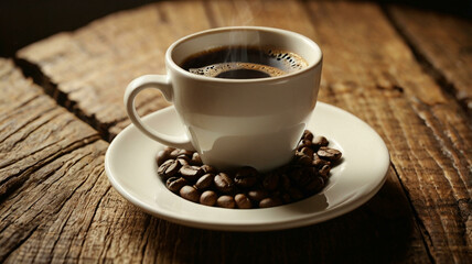 Cup of coffee with heart shape smoke and coffee beans on burlap sack on old wooden background
