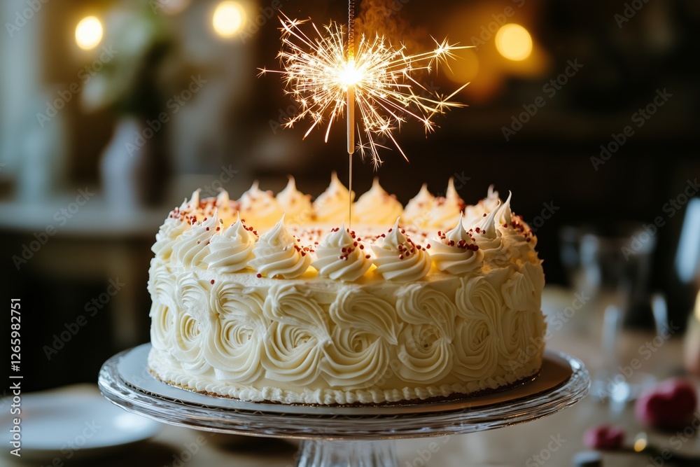 Wall mural Delicious white cake topped with sparkler lights at a celebration event in the evening