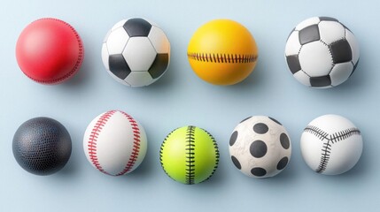 Ten Colorful Sports Balls On Light Blue Background