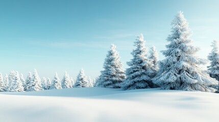 Naklejka premium A serene winter scene showcasing a dense forest of snow-covered pine trees beneath a clear blue sky, creating a calming and picturesque view of nature's beauty.