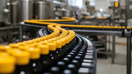 Fototapeta premium A production line with beer bottles moving on a conveyor belt, representing industrial automation, beverage manufacturing, and mass production.