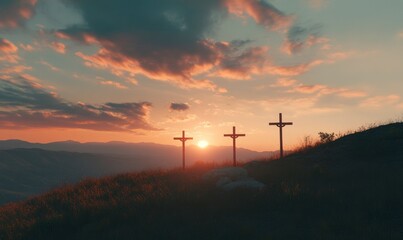 Three crosses on the hill, Easter, a beautiful sky, cinematic, realistic, warm colors.