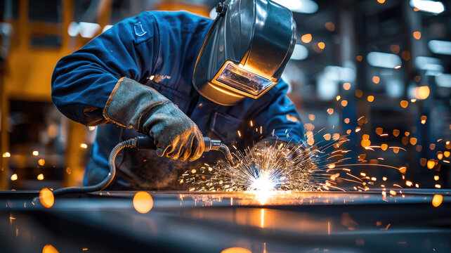 Skilled worker welding metal with safety gear in industrial sett