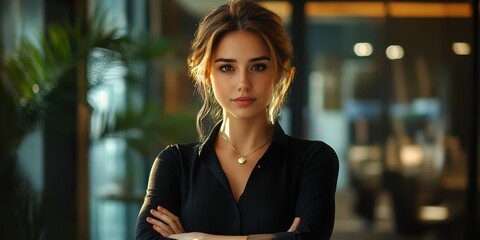 Confident young woman stands in modern office, showcasing professionalism and determination during working hours