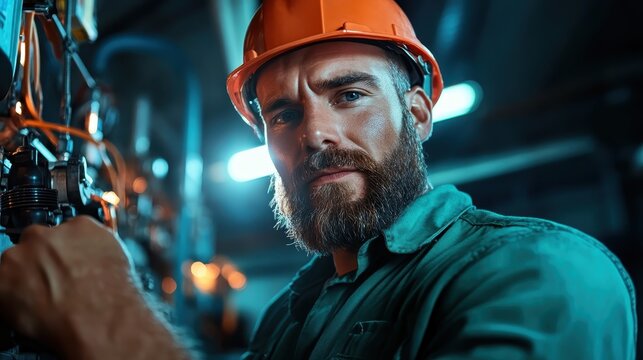 A close-up portrait of a serious skilled worker wearing an orange helmet in a workshop portrays determination and craftsmanship in the industrial field.
