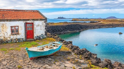 Fishing Village House, Boat, Volcanic Landscape, Coastal Scene