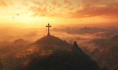Cinematic photograph of an empty cross on top of a hill, during the golden hour, with a misty valley in the background, birds flying, and an orange sky