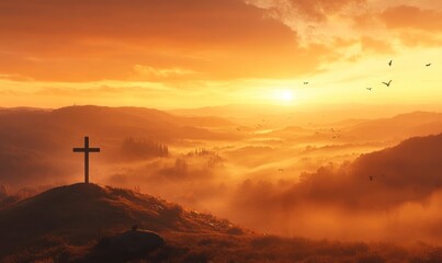 Cinematic photograph of an empty cross on top of a hill, during the golden hour, with a misty valley in the background, birds flying, and an orange sky