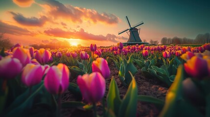 Beautiful tulip flower field with vintage wooden windmill in Spring.