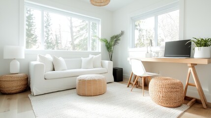 A sleek, modern home office with ample natural light features a stylish sofa, workstation, and indoor plants, embodying simplicity and tranquility for productive work.