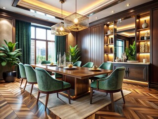 Fototapeta premium Modern Dining Room Interior Design, 3D Render, Macro Detail, Luxury Home Decor